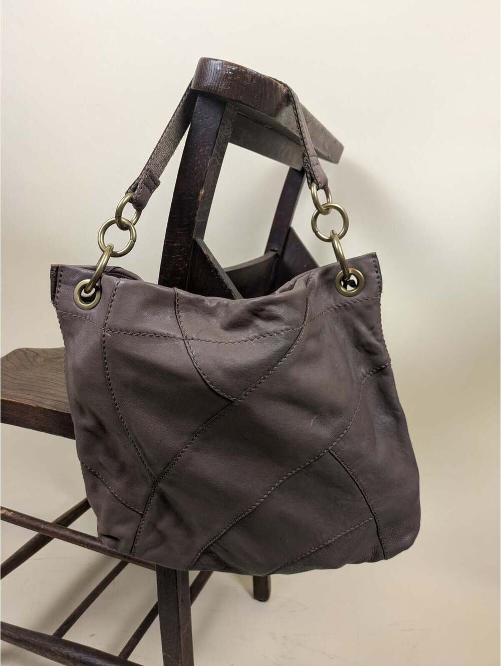 1990's Fossil gray / brown pathwork leather hobo bag